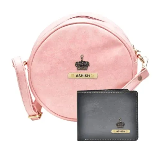 Classy Leather Customized Chained Sling Bag Round   Men's Wallet - Peach Black