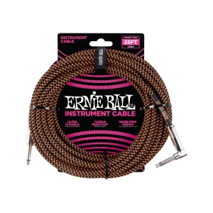 Ernie Ball 25FT Braided Straight to Angle Instrument Cable, Black/Orange